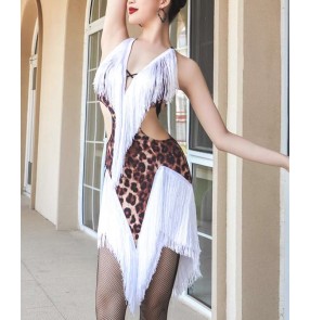 White leopard fringe latin dance dresses for women girls salsa rumba chacha ballroom latin dance costumes